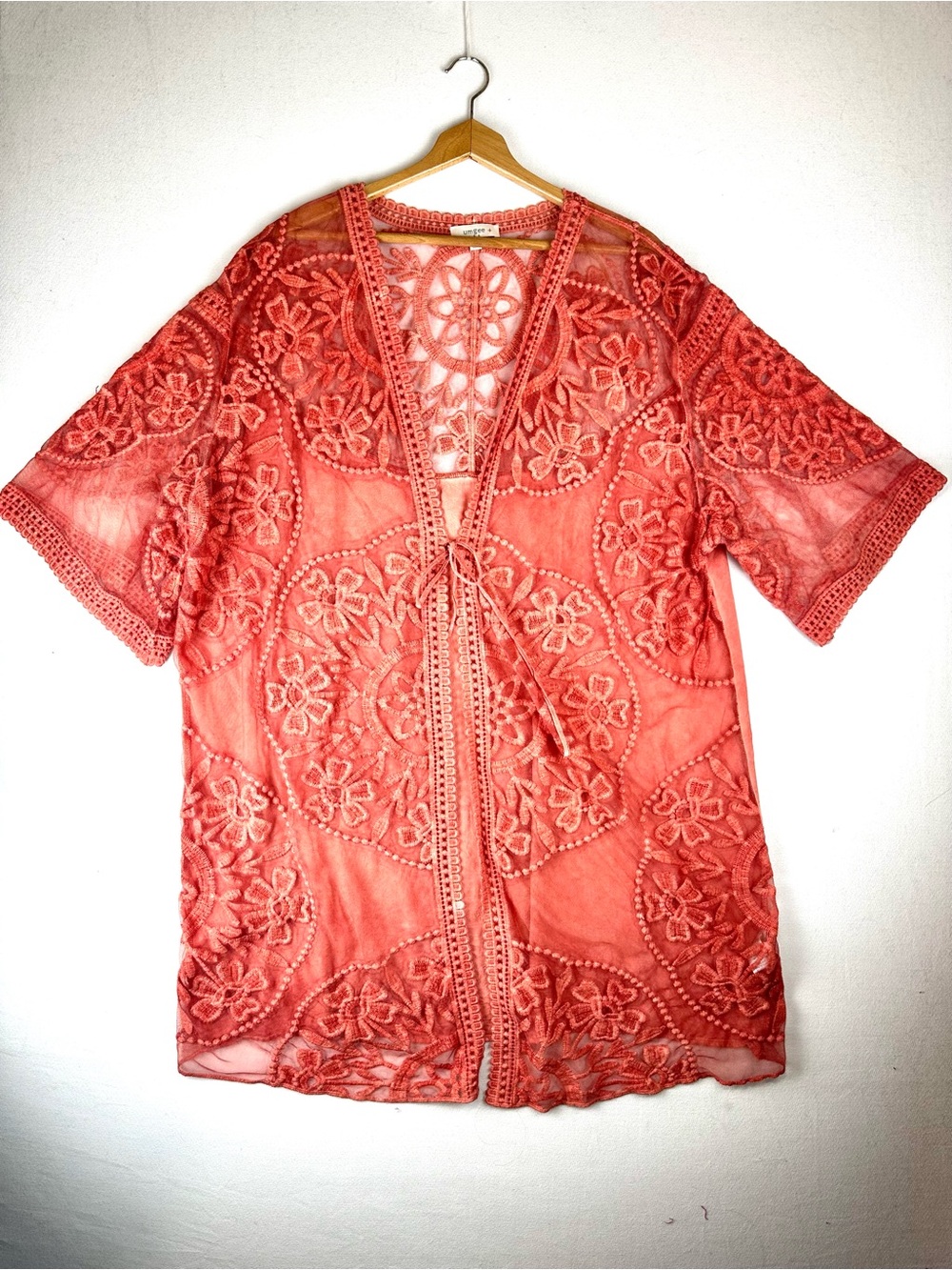 Umgee Floral Embroidered Lace Tie Front Cardigan Duster Mineral Washed Boho